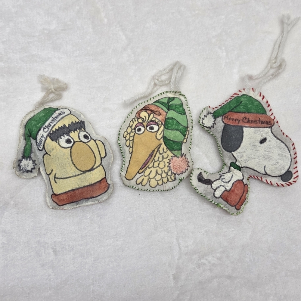 Vintage Sesame Street & Peanuts Plush Ornaments Bert, Big Bird, Snoopy Set of 3